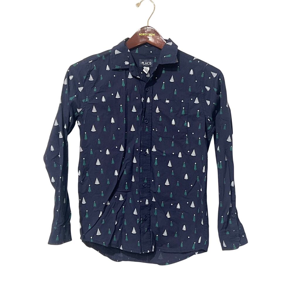 The Children's Place Boys Navy Christmas Tree Button Down Shirt M 7/8 1552AA